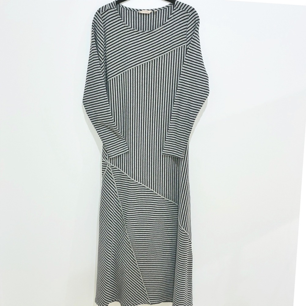 Soft Surroundings Maxi Dress Ribbed Knit Striped‎ Gray Black Normcore PL